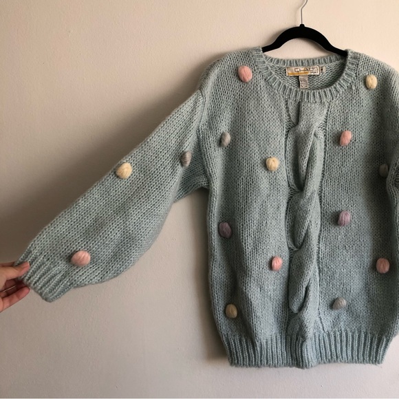 Chunky Knit Sweater| Mint pom pom pullover knit sweater size Medium - Picture 4 of 8